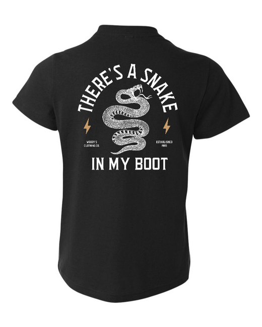 Black youth T-shirt featuring a snake in my boot design by Corner of Main, casual crewneck shirt for kids.