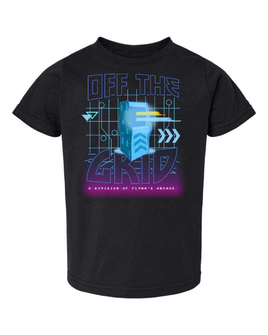 Black toddler T-shirt from Corner of Main featuring "Off the Grid" design, made of soft fabric with a comfortable fit.