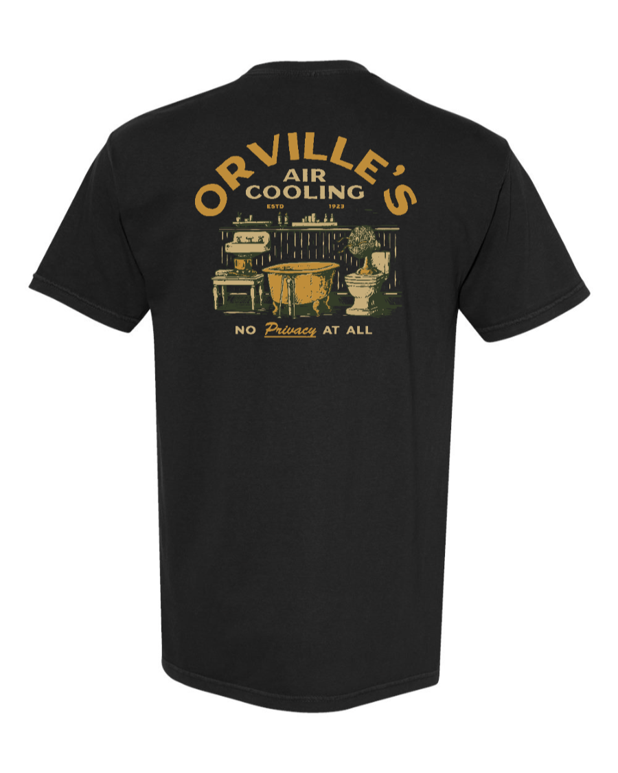 Black Cotton T-shirt featuring Orville's Air Cooling Carousel of Progress design by Corner of Main, back view showing detailed artwork.