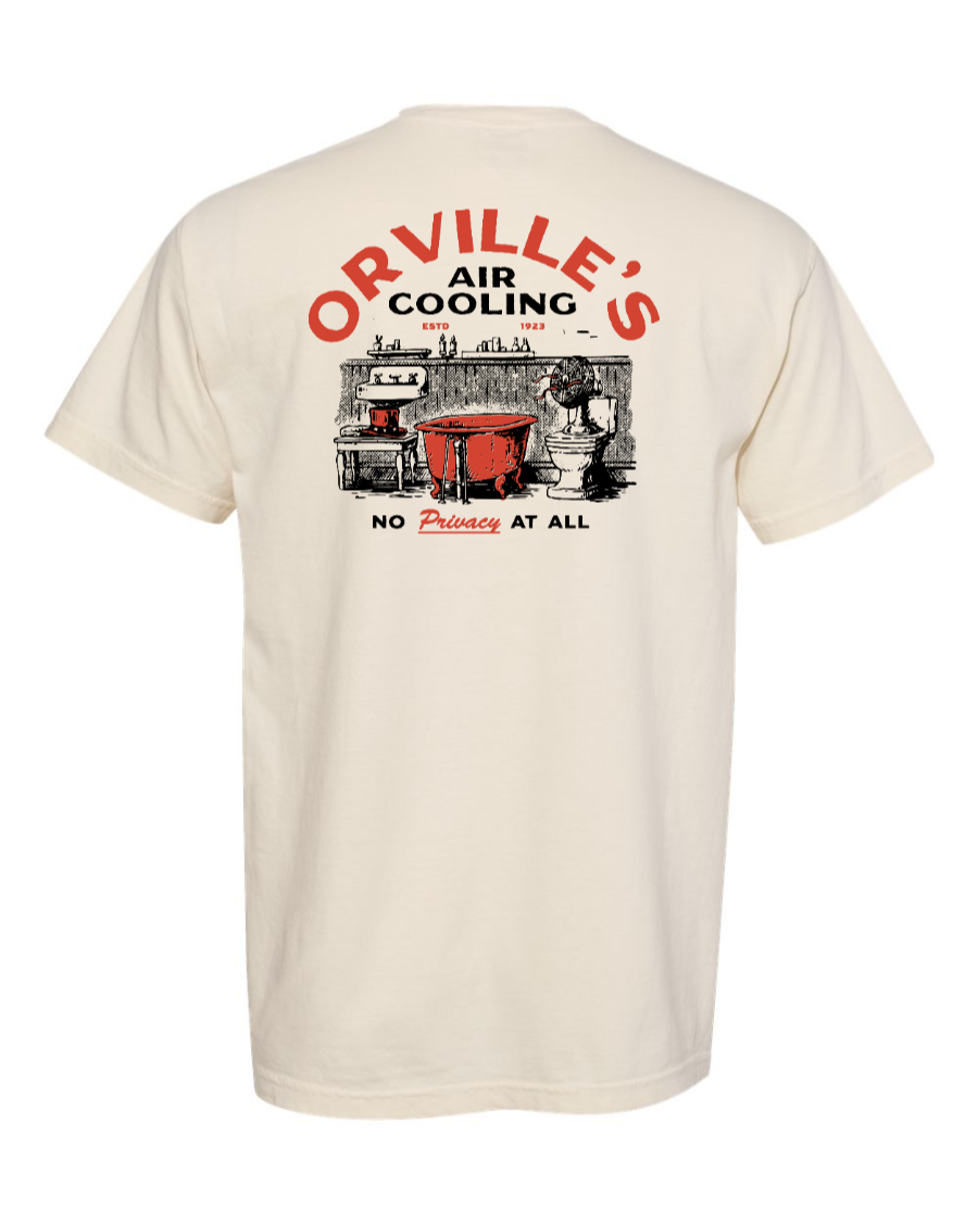 Corner of Main Orville's Air Cooling T-shirt featuring Carousel of Progress design in 100% cotton, ivory color, back view.