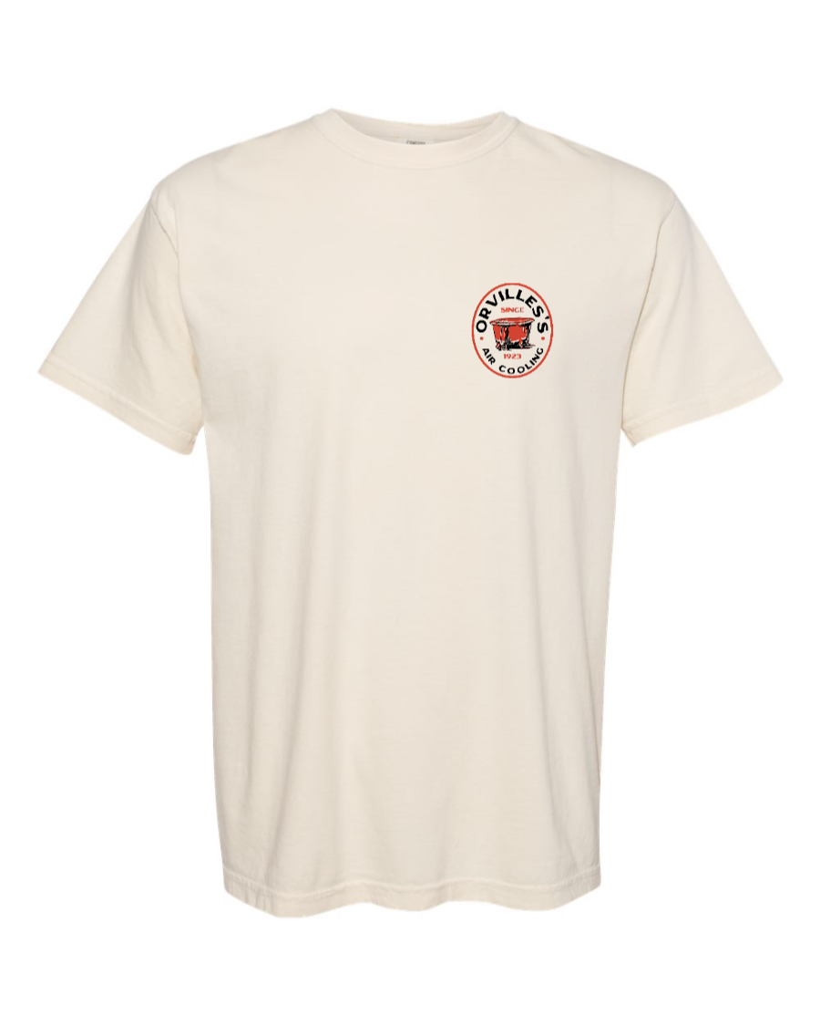 Corner of Main Orville's Air Cooling T-Shirt in ivory cotton, featuring Carousel of Progress design on the left chest.