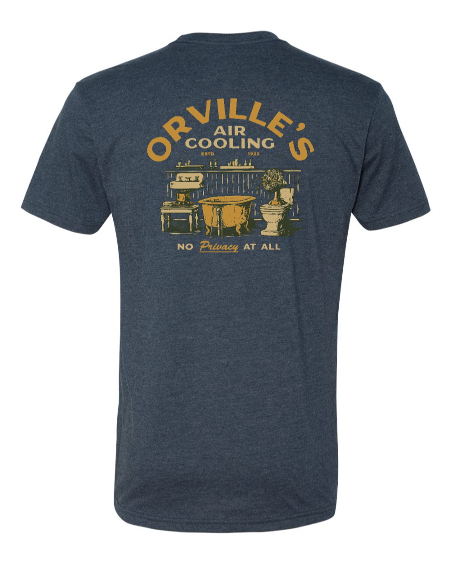 Corner of Main Orville's Air Cooling T-Shirt in Midnight Navy featuring Carousel of Progress design on back