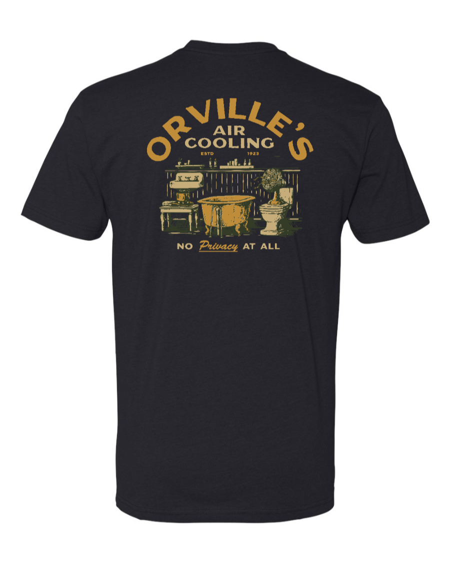 Black Corner of Main "Orville's Air Colling" T-shirt featuring a Carousel of Progress design displayed on the back.