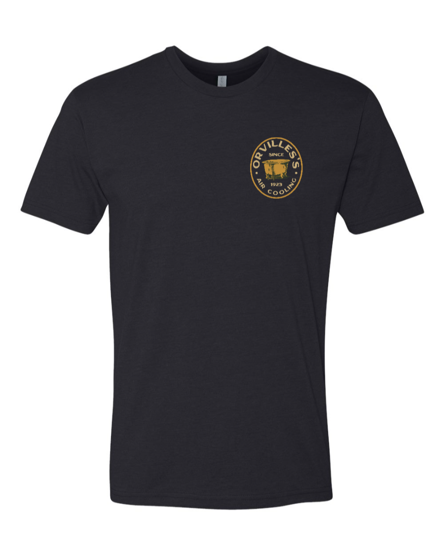 Black Next Level T-shirt from Corner of Main featuring Orville's Air Cooling Carousel of Progress design on the left chest.
