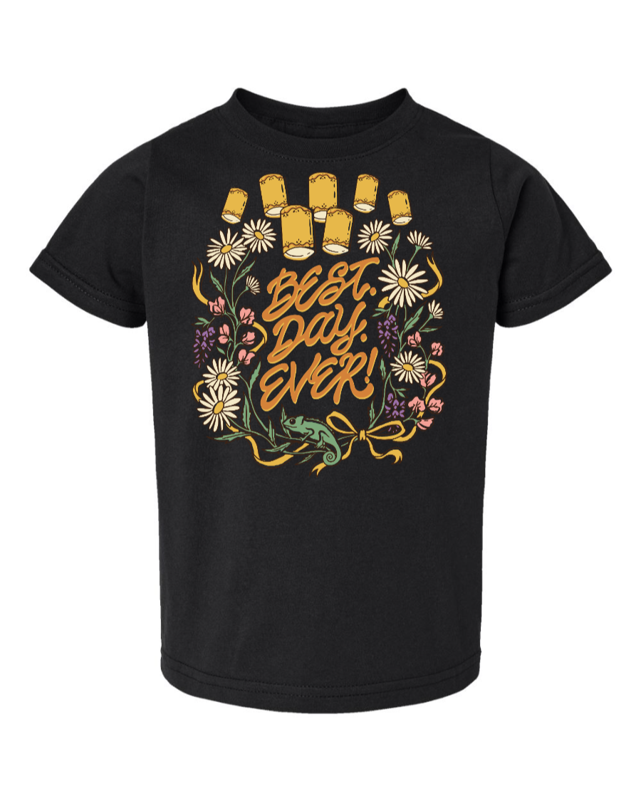 Black toddler T-shirt from Corner of Main with "Best Day Ever" print, featuring a comfortable crew neck and casual fit.