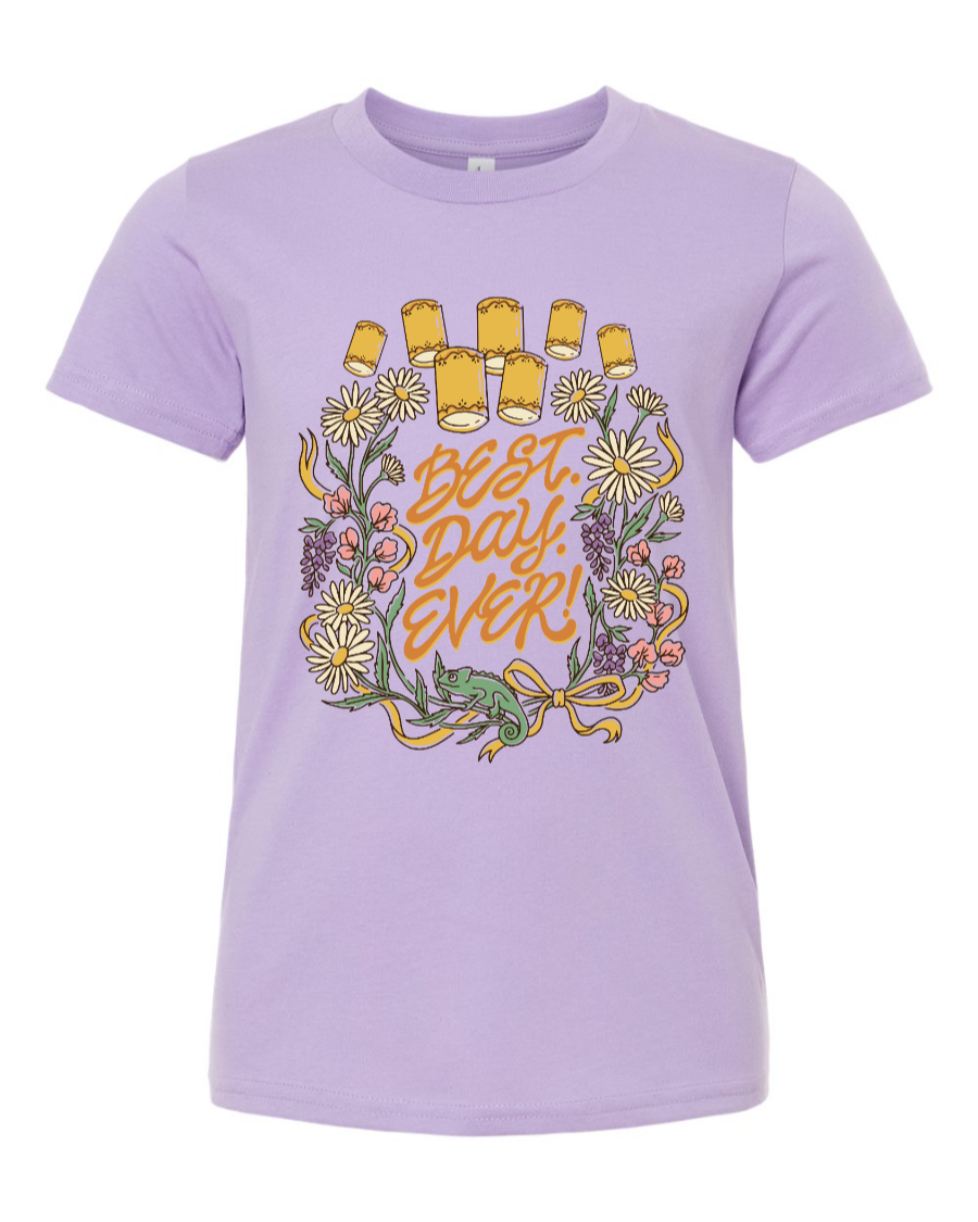 Dark lavender kids' shirt by Corner of Main featuring the "Best Day Ever" youth design, casual and comfortable for children.