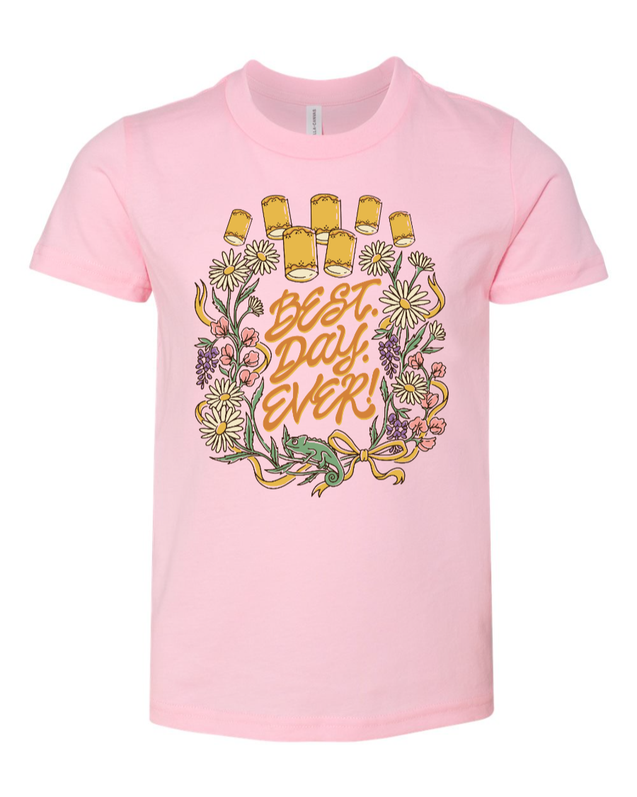 Pink kids' shirt from Corner of Main featuring the "Best Day Ever" youth design, casual and comfortable for children.