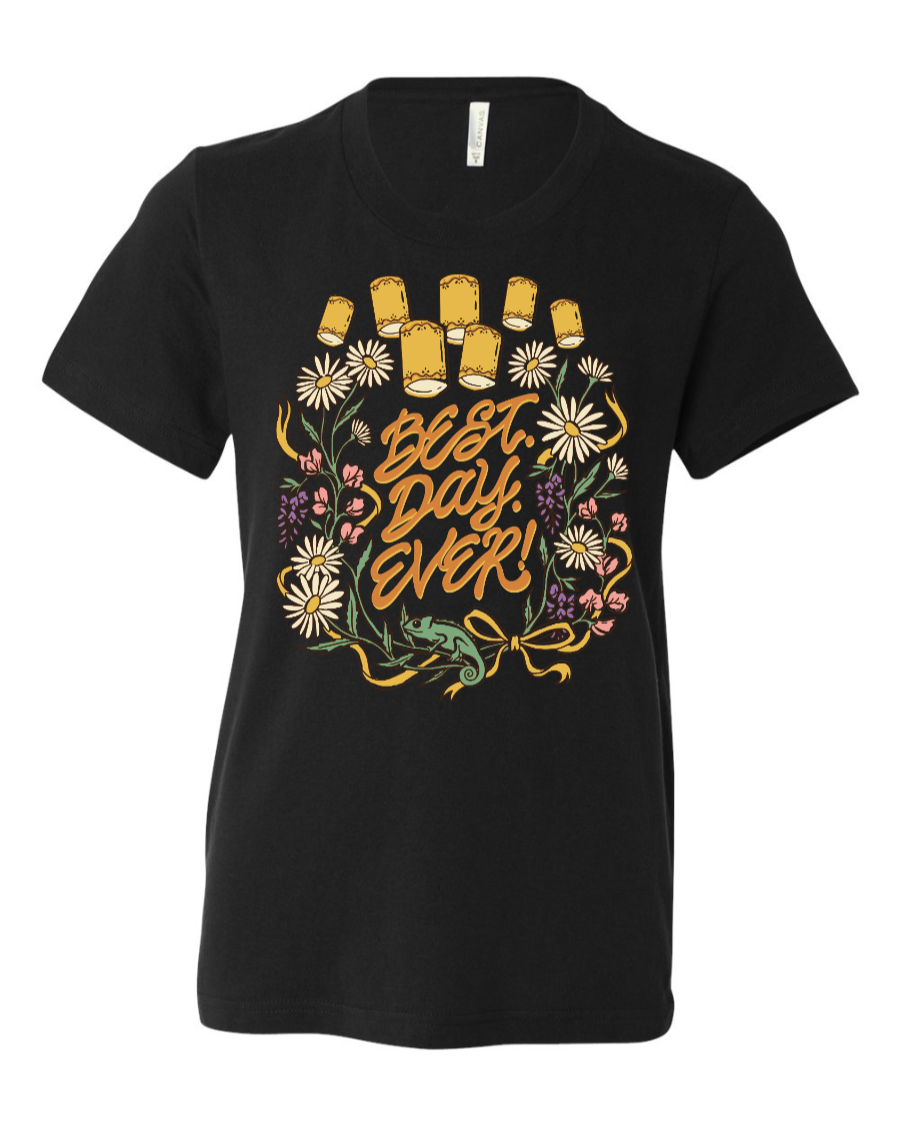 Black kids' "Best Day Ever" youth shirt by Corner of Main, featuring a comfortable design with a cheerful print on the front.