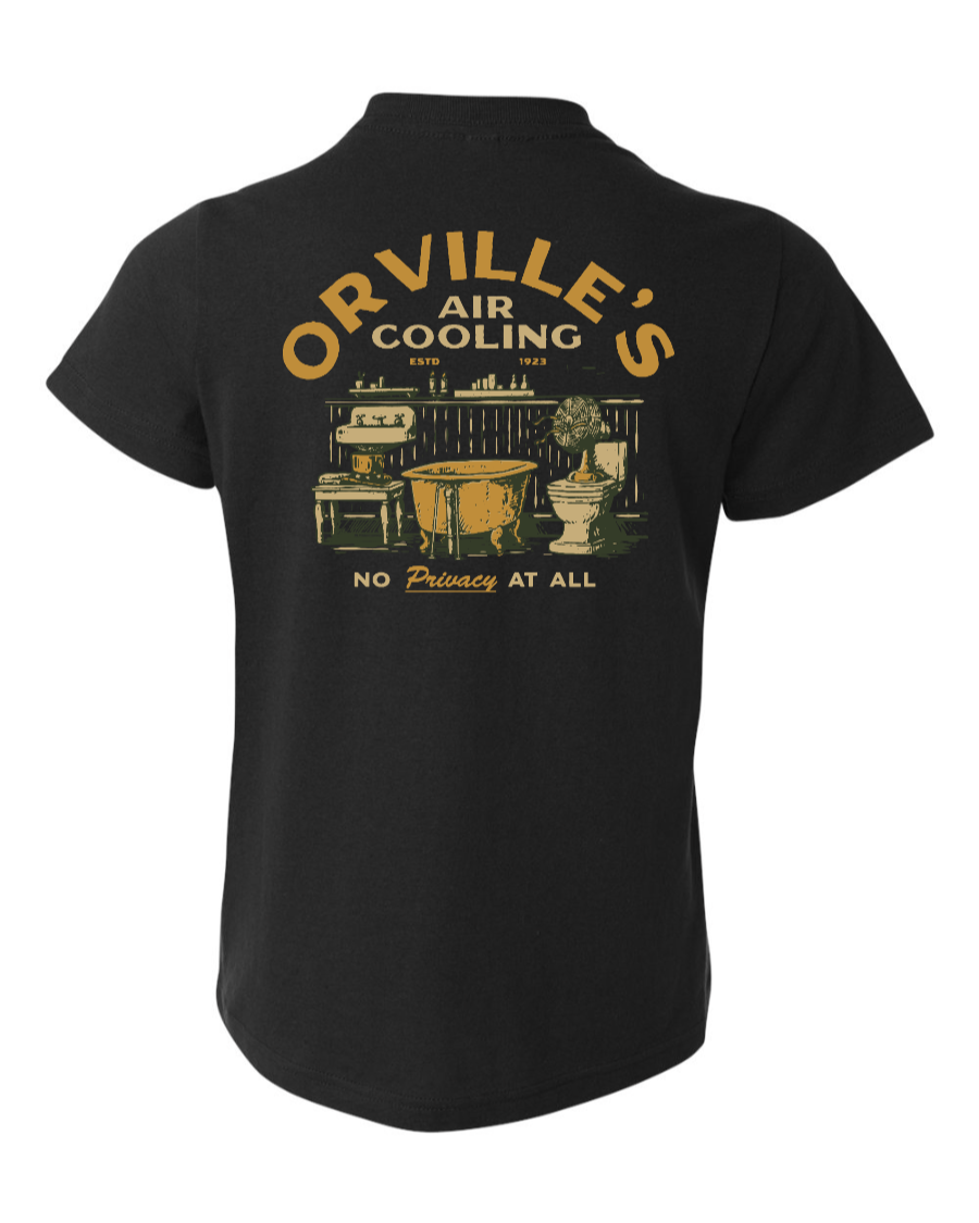 Black kids' T-shirt from Corner of Main's Orville's Air Cooling Youth collection, showing the back design.