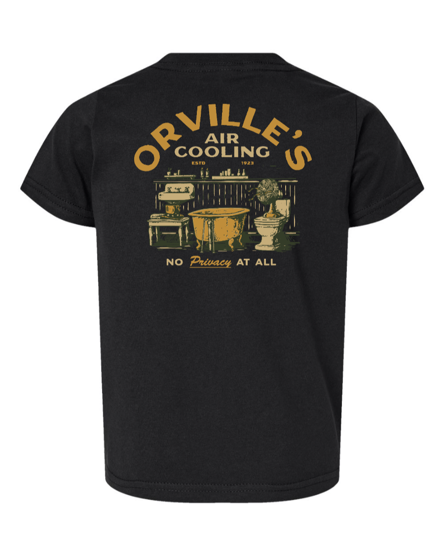 Black toddler T-shirt by Corner of Main featuring Orville's Air Colling logo on the back, soft and comfortable for young children.