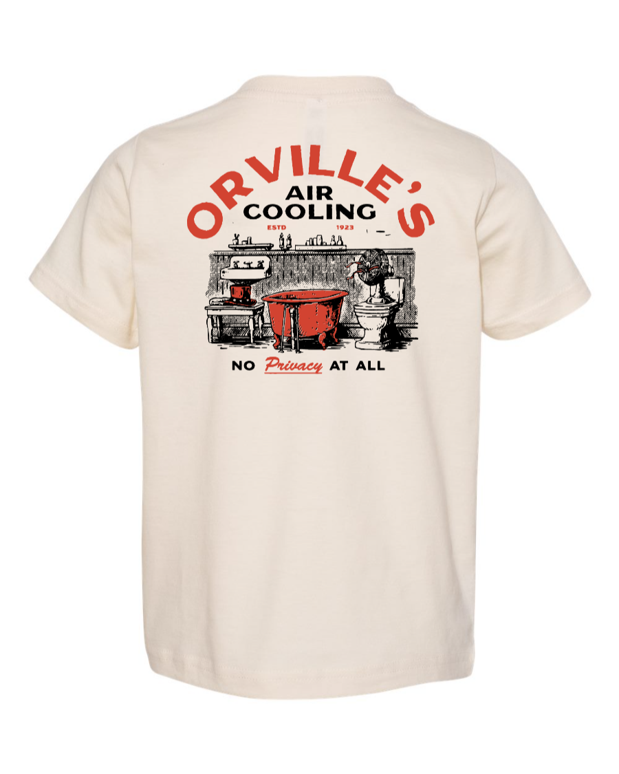 Corner of Main Orville's Air Colling toddler T-shirt in natural color, showing the back design and soft cotton fabric.