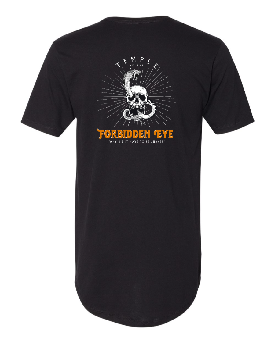 Black Corner of Main Temple of the Forbidden Eye long body T-shirt displayed from the back, featuring a detailed graphic design.