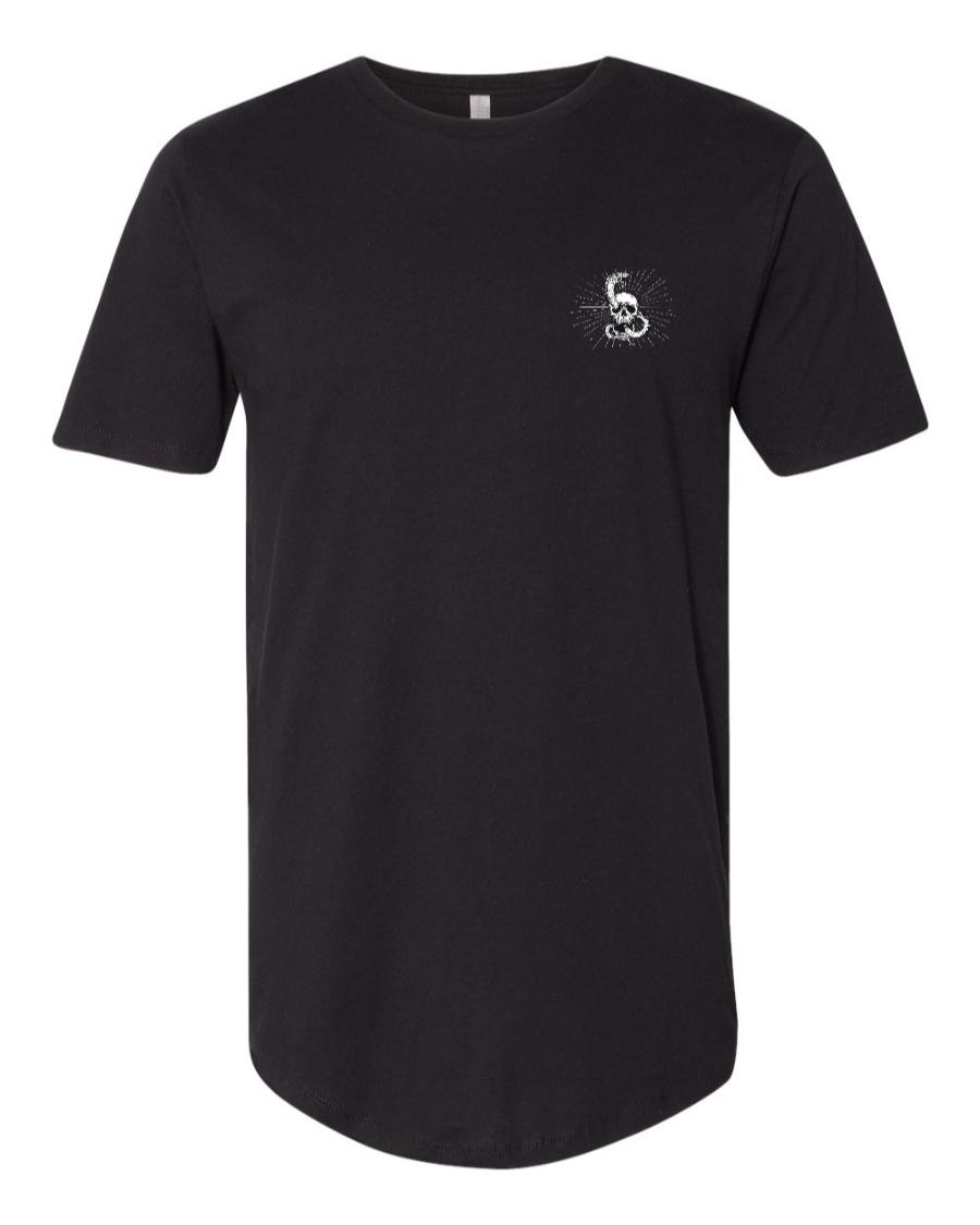 Black Corner of Main Temple of the Forbidden Eye long body T-shirt showing chest graphic and relaxed fit.