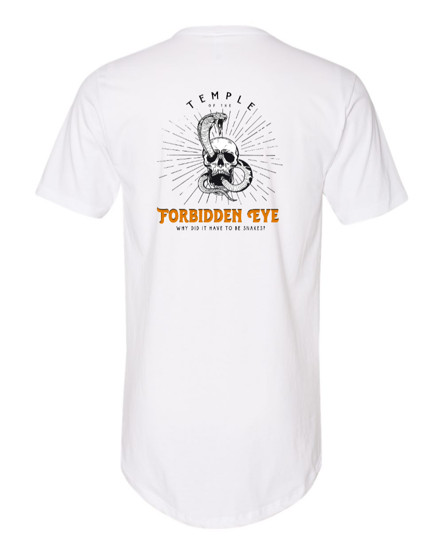 White long body T-shirt from Corner of Main featuring the Temple of the Forbidden Eye design on the back.