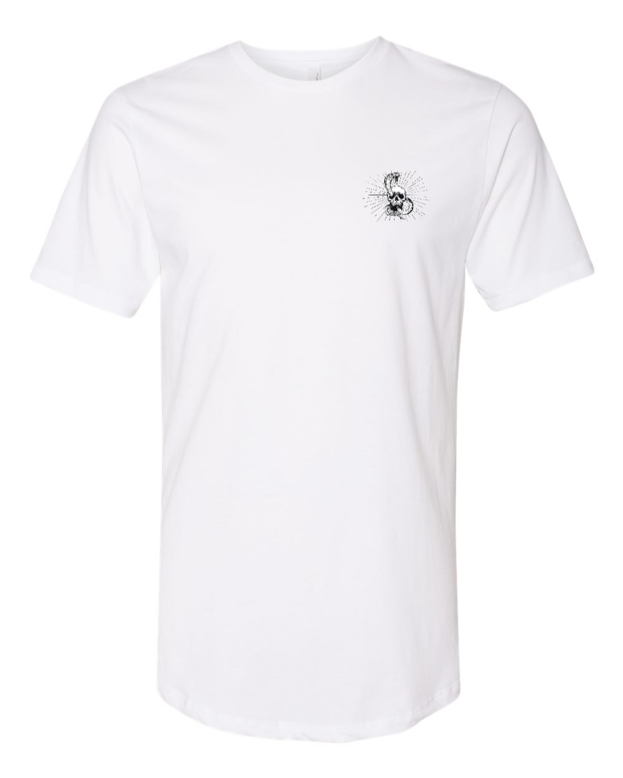 White long body T-shirt from Corner of Main featuring the Temple of the Forbidden Eye design on the left chest.