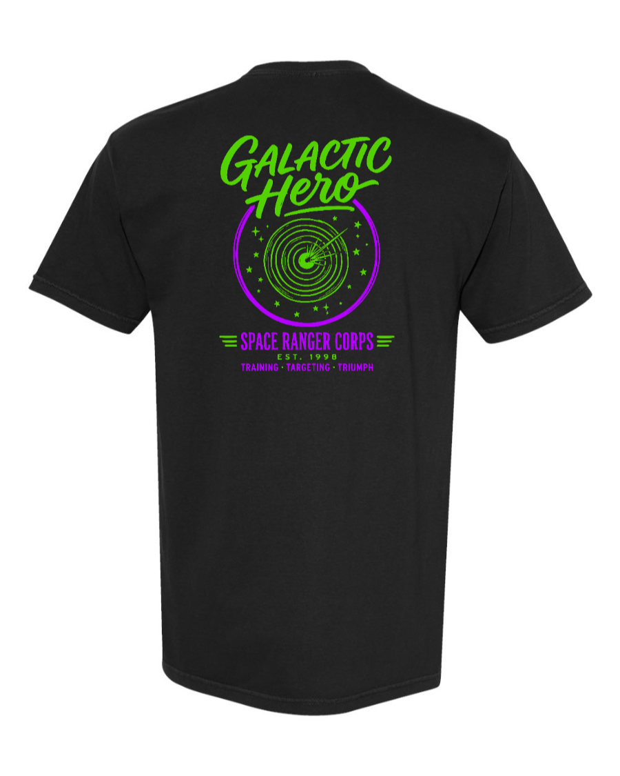 Black Corner of Main Galactic Hero 100% cotton T-shirt with space-themed graphic on back.