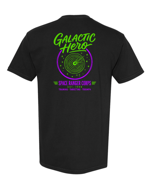 Black Corner of Main Galactic Hero 100% cotton T-shirt with space-themed graphic on back.