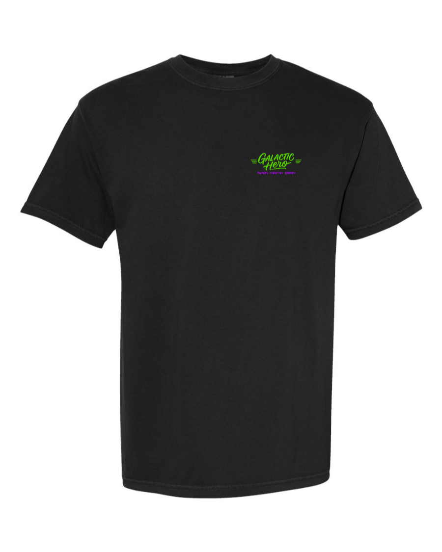 Black Galactic Hero 100% cotton T-shirt by Corner of Main featuring a space-themed graphic on the left chest.