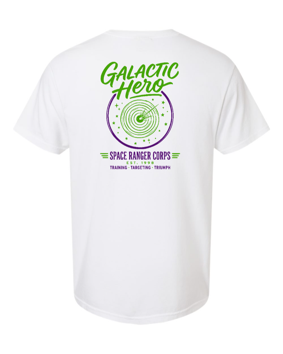 White Galactic Hero T-Shirt by Corner of Main featuring a cosmic design on the back, made of 100% cotton.