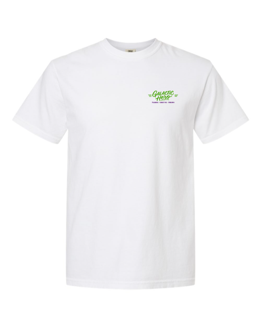 White Galactic Hero cotton T-shirt by Corner of Main with a left-chest graphic design.