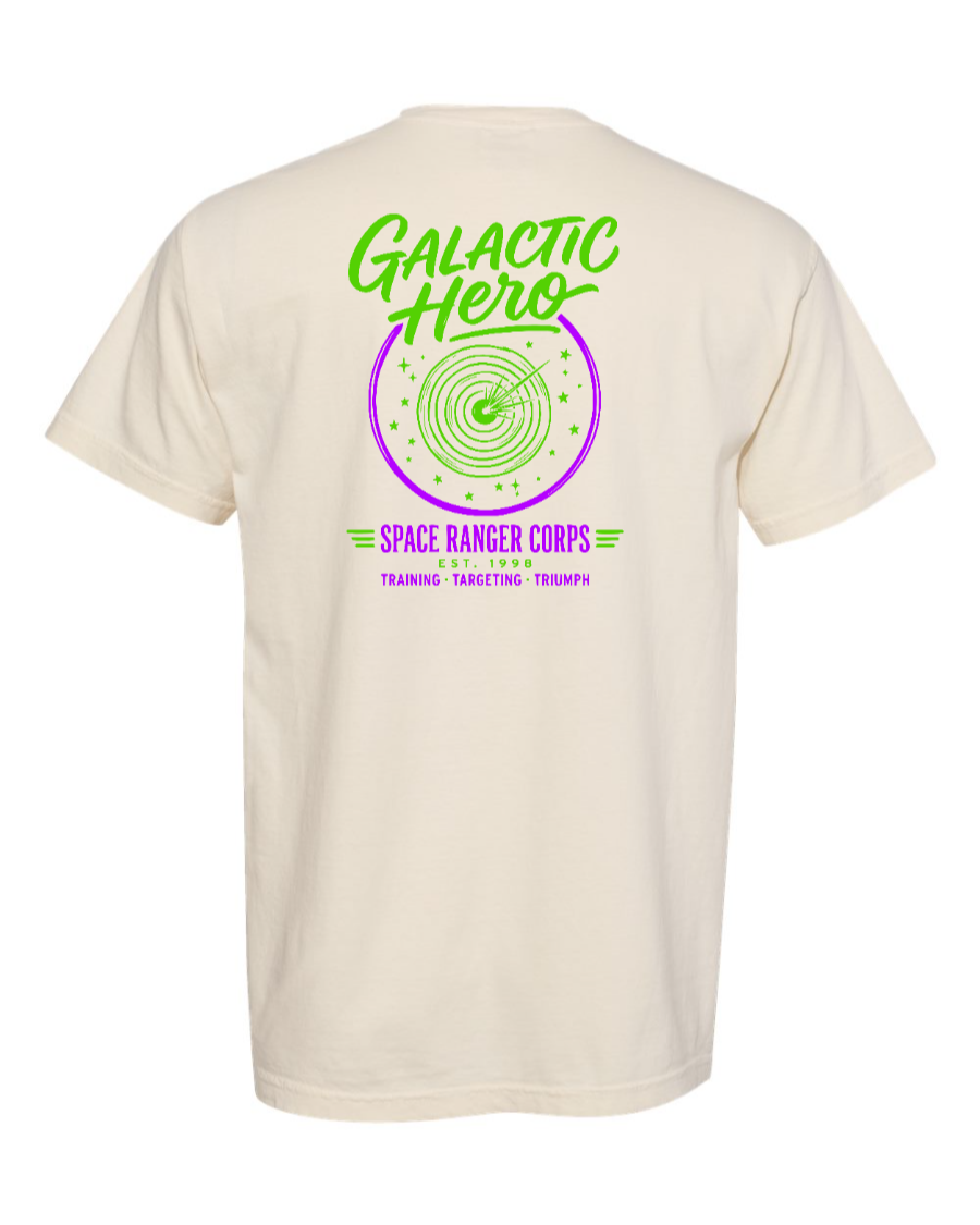 Corner of Main Galactic Hero 100% cotton ivory T-shirt featuring a space-themed graphic on the front.