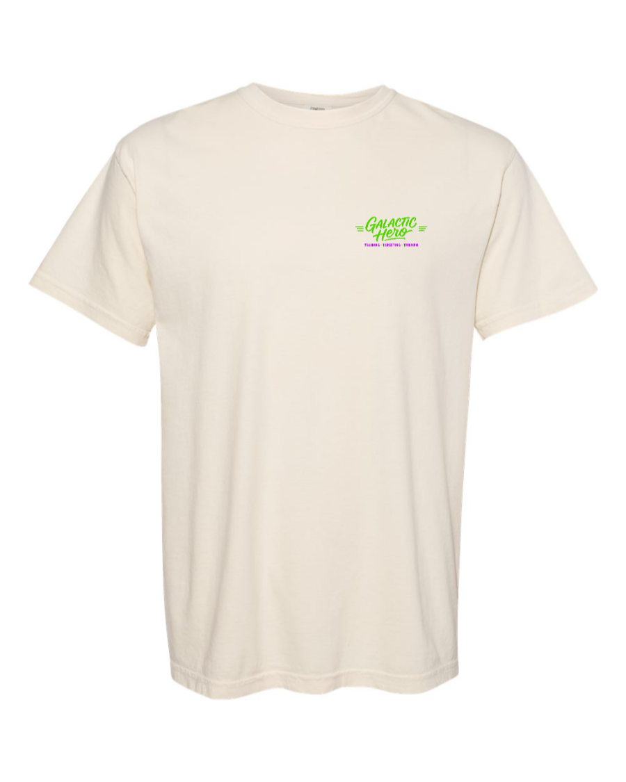 Corner of Main Galactic Hero 100% cotton ivory T-shirt with a subtle chest graphic design.