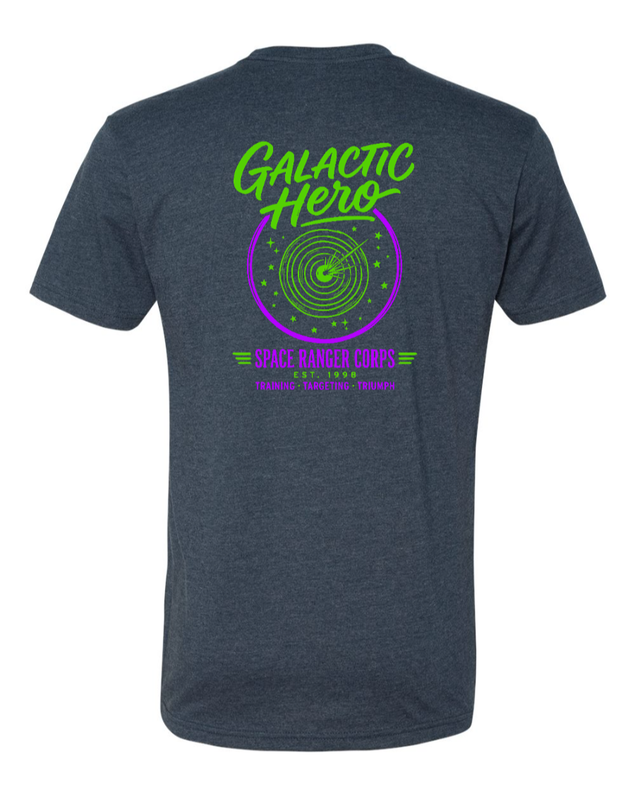 Midnight navy Corner of Main Galactic Hero T-shirt featuring space-themed graphic design on front and back.