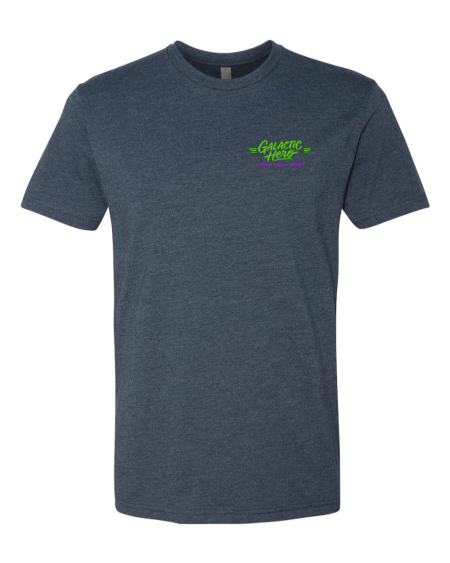 Midnight navy Corner of Main Galactic Hero T-shirt featuring a logo design on the left chest.