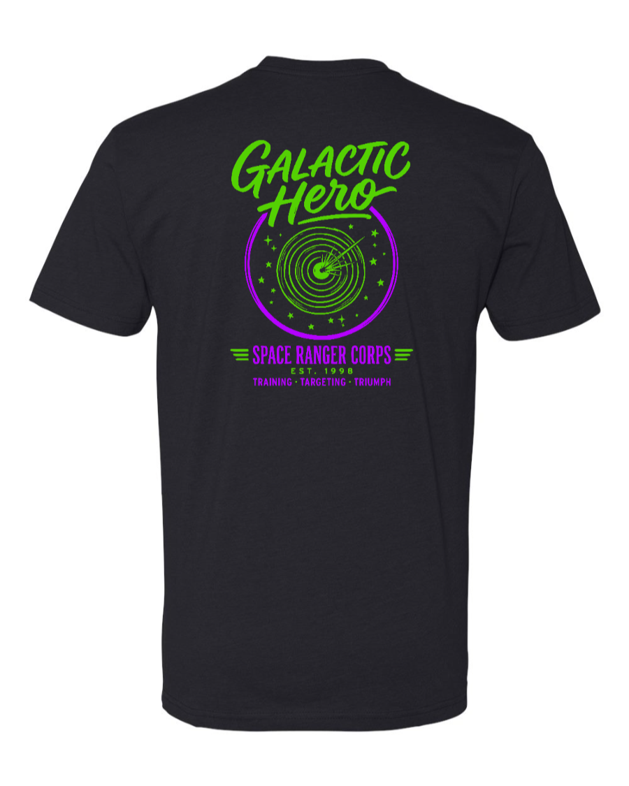 Black Corner of Main Galactic Hero T-shirt featuring space-themed graphic design on the front and back.
