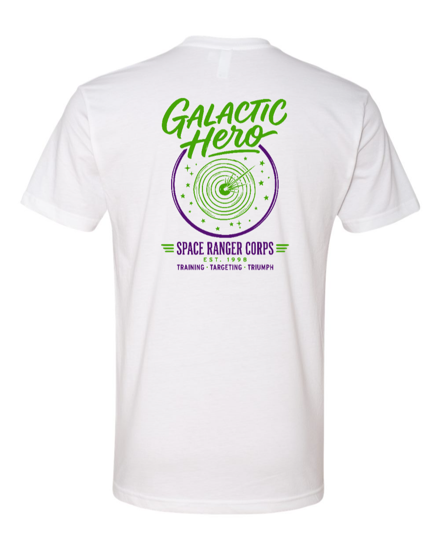 White Galactic Hero Next Level T-shirt by Corner of Main featuring a space-themed graphic on the back.