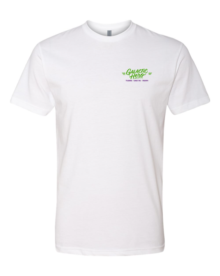 White Galactic Hero T-shirt by Corner of Main with a chest graphic design, casual fit, and crew neckline.