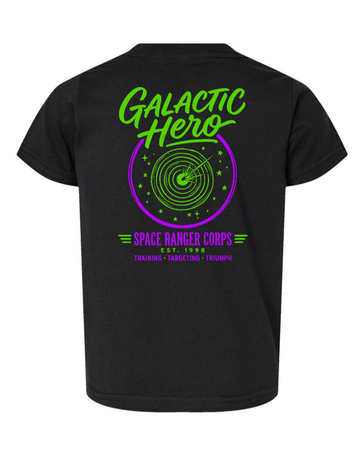 Black toddler kids shirt featuring a Galactic Hero design from Corner of Main, with a space-themed graphic on the front.
