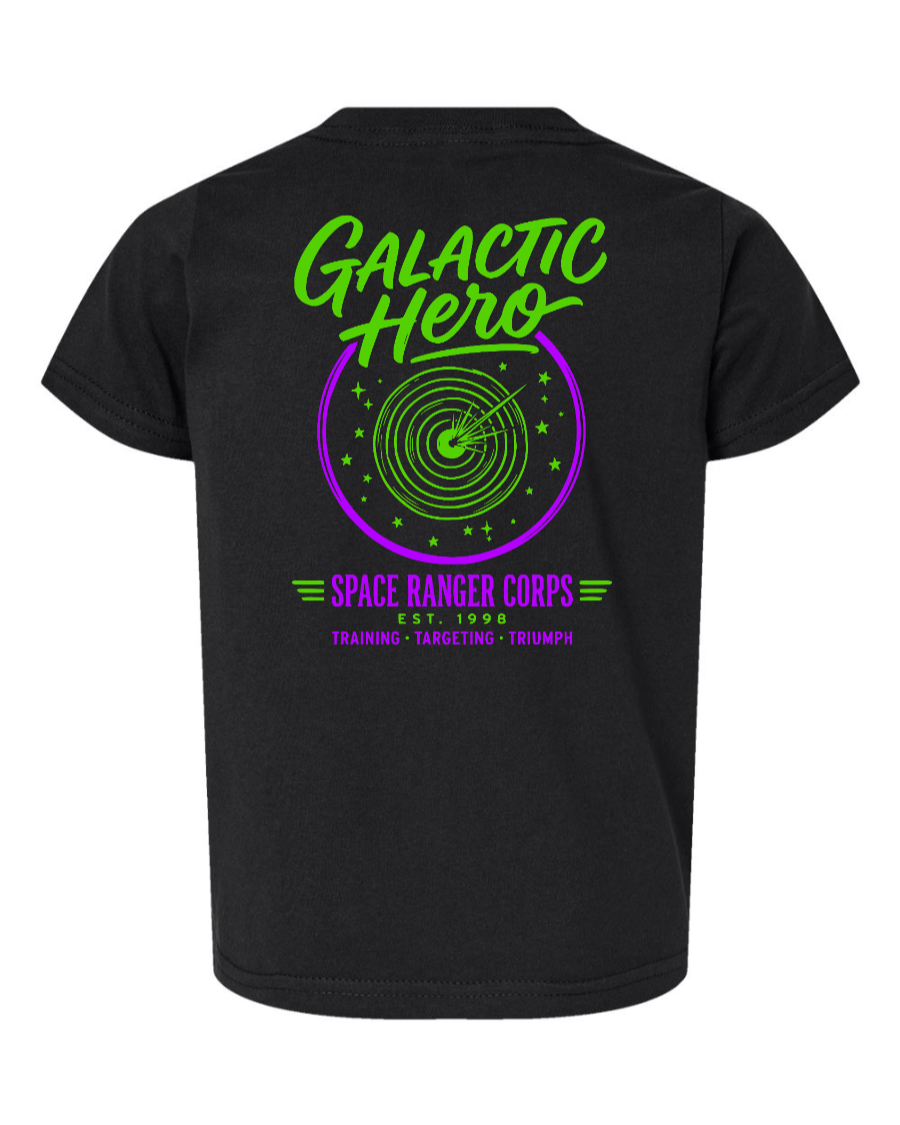 Black toddler kids shirt featuring a Galactic Hero design from Corner of Main, with a space-themed graphic on the front.
