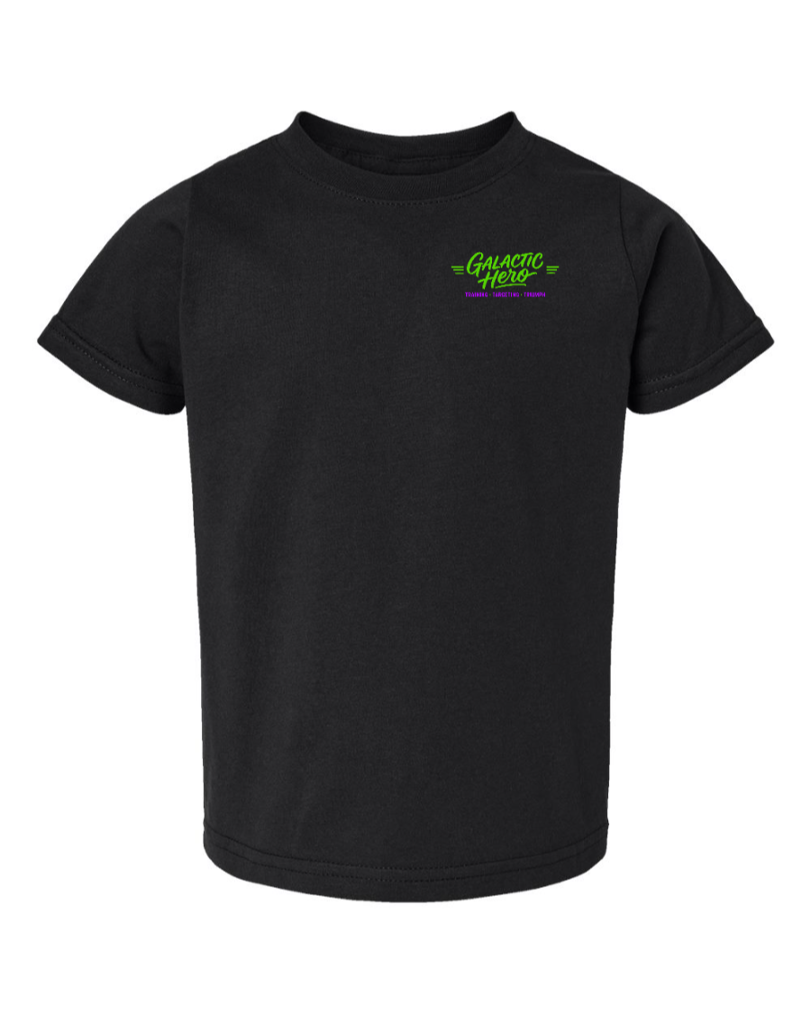 Black toddler kids shirt featuring a Galactic Hero design on the left chest, by Corner of Main.