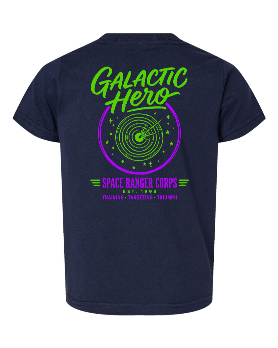 Navy Galactic Hero toddler kids shirt by Corner of Main featuring a space-themed graphic on the back.