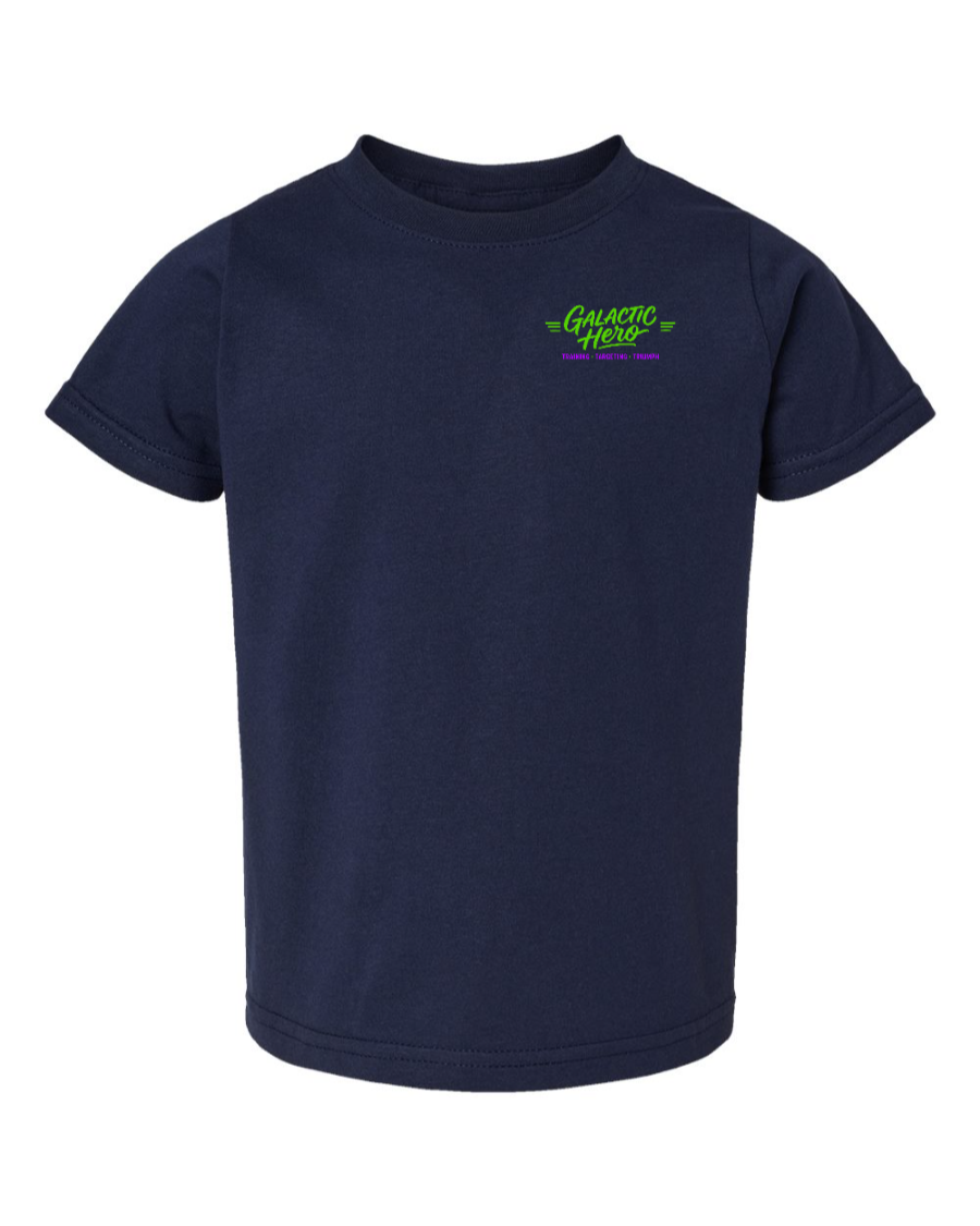 Navy toddler kids shirt with Galactic Hero graphic on the left chest, made by Corner of Main.