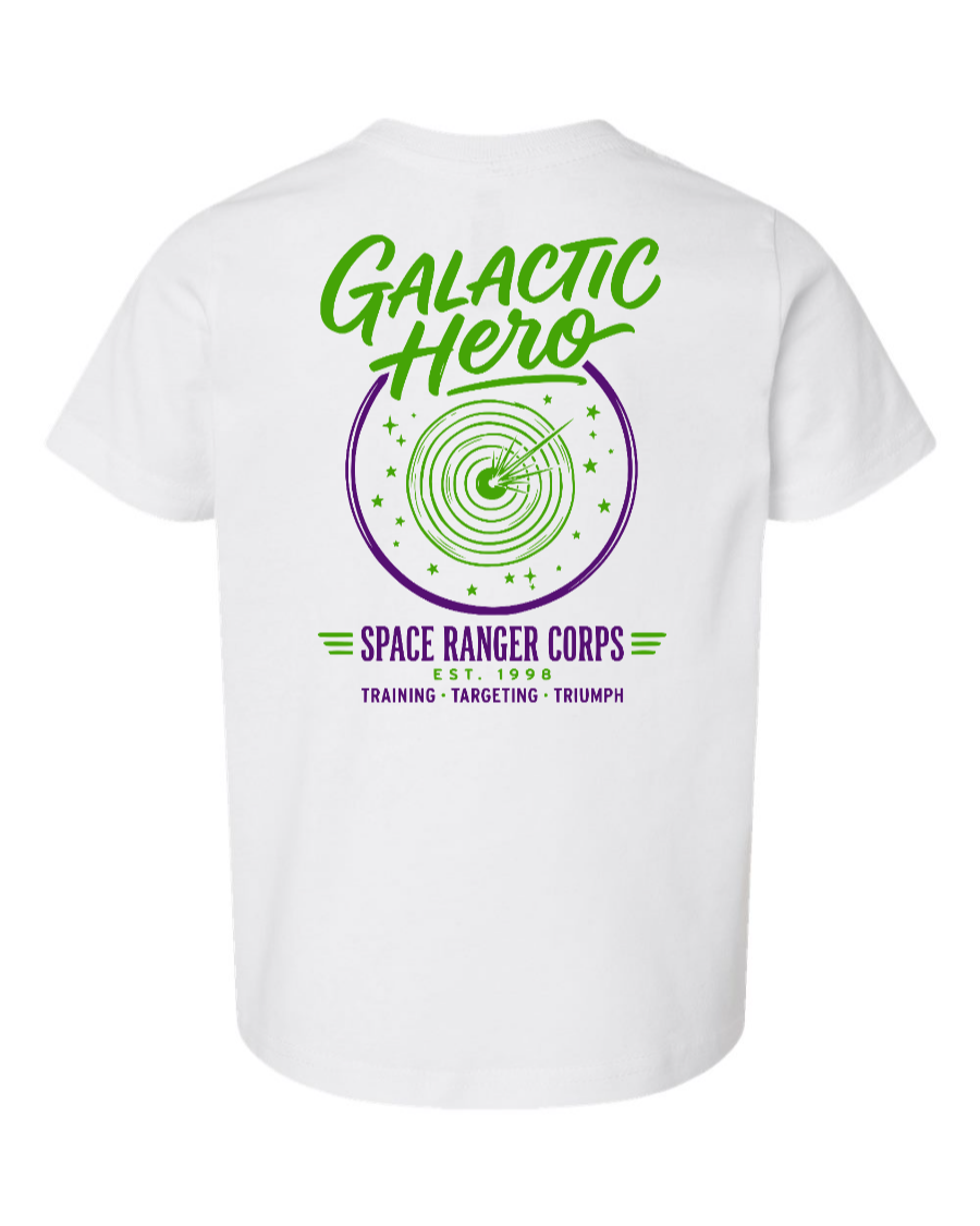 White Galactic Hero toddler T-shirt by Corner of Main featuring a space-themed design on the front, suitable for young kids.