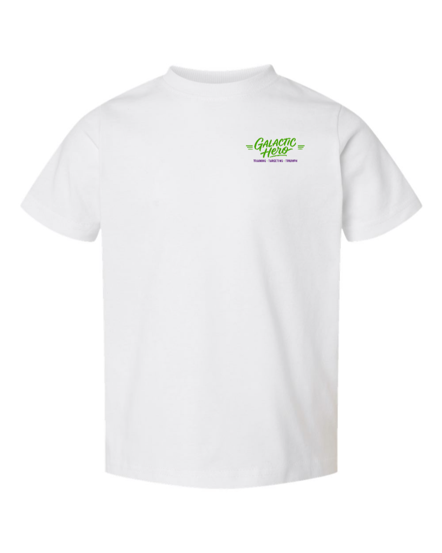 White toddler kids shirt with Galactic Hero design on the left chest, by Corner of Main.
