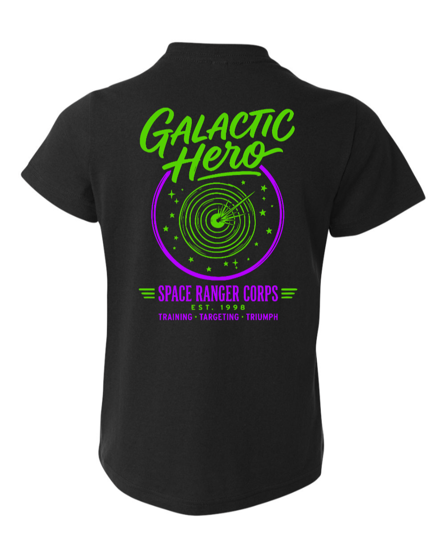 Black kids' Galactic Hero youth T-shirt by Corner of Main with a space-themed graphic on the front.