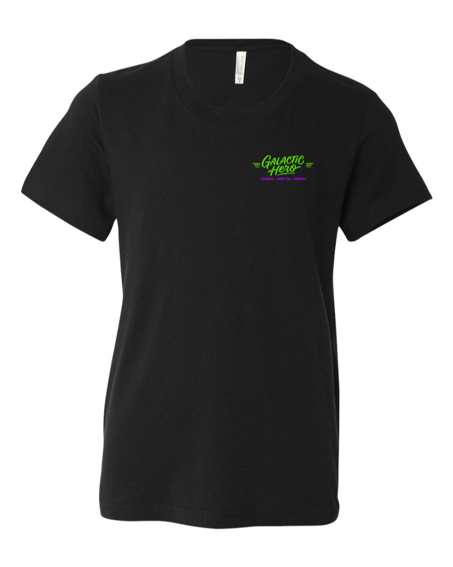 Black youth T-shirt with Galactic Hero logo on the left chest, by Corner of Main, featuring a fun space-themed design.