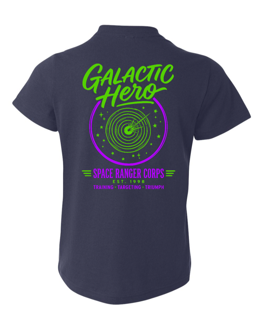 Navy youth T-shirt featuring a Galactic Hero design, made by Corner of Main, with a comfortable fit for kids.