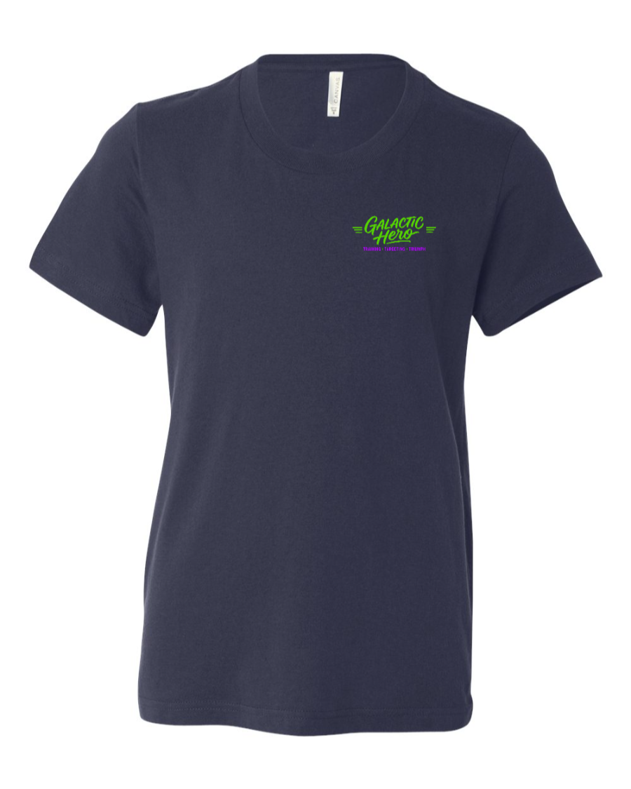 Navy youth kids shirt with Galactic Hero logo on the left chest, made by Corner of Main, casual and comfortable kids' tee.