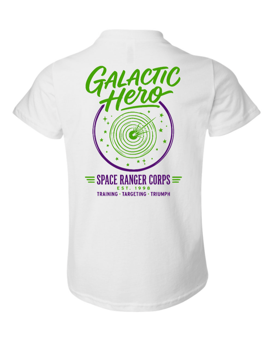 White kids' Galactic Hero youth T-shirt by Corner of Main, featuring a space-themed graphic on the front.