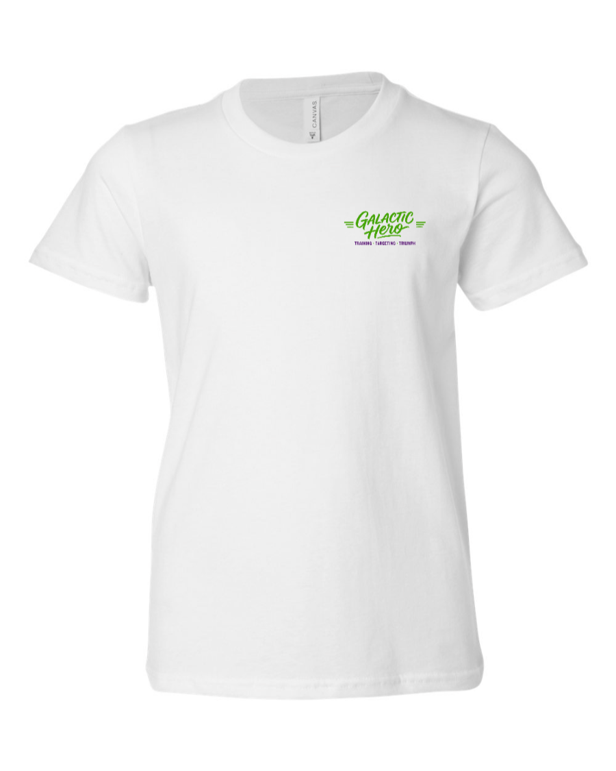 White youth Galactic Hero T-shirt by Corner of Main, featuring a space-themed graphic on the left chest.