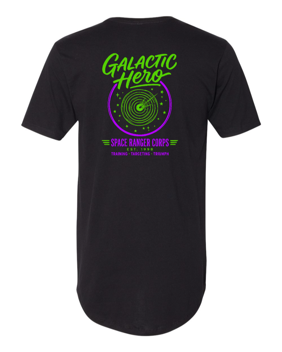 Black Galactic Hero long body T-shirt by Corner of Main featuring a space-themed design on the back.