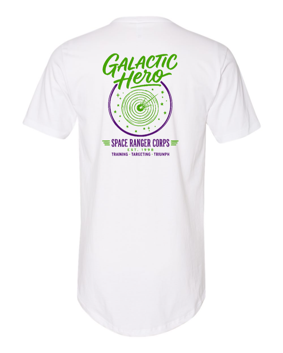 White Galactic Hero long body T-shirt by Corner of Main featuring a space-themed graphic on the back.