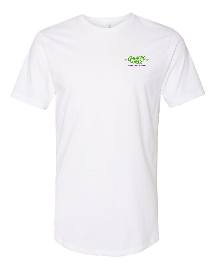 White Galactic Hero long body T-shirt by Corner of Main, featuring a graphic design on the left chest.