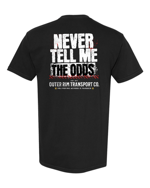 Black Corner of Main Never Tell Me the Odds 100% cotton T-shirt with graphic design on the back.