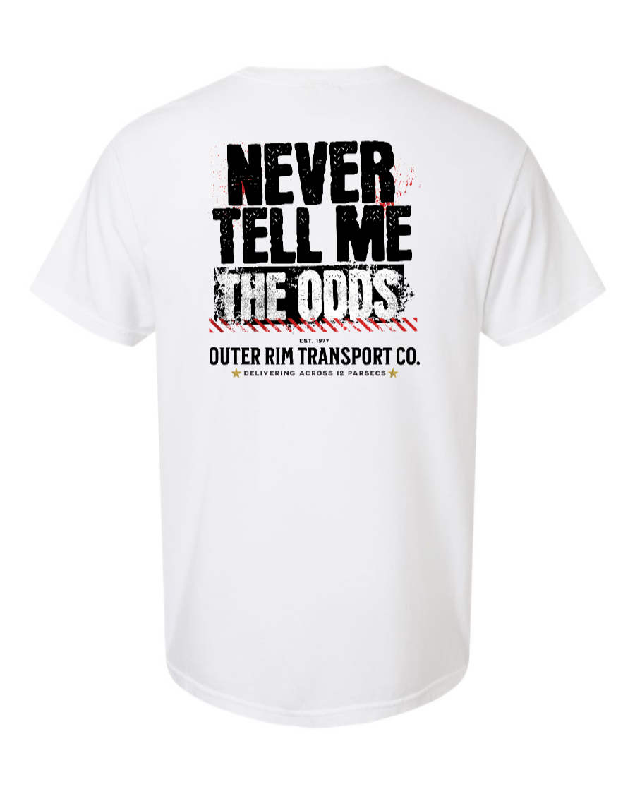 White cotton T-shirt by Corner of Main featuring "Never Tell Me the Odds" printed design on the back.