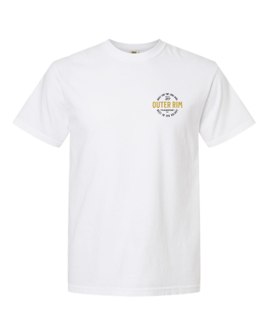 White Corner of Main Never Tell me the Odds cotton T-shirt with a left-chest graphic design.
